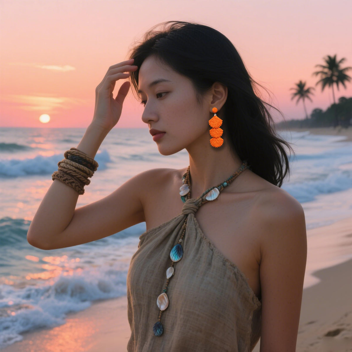 Raffia Dangle Earrings for Women - Boho Statement Rattan Drop Jewelry with Shell Design, Lightweight Summer Beach Trendy Accessories