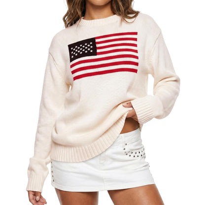 Women American Flag Sweater Long Sleeve Crew Neck Loose Fit Knit Pullover Tops USA Casual Loose Pullover Sweater