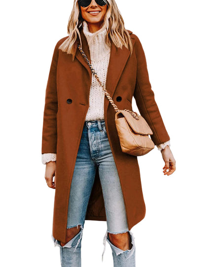 Wool Blend Pea Coat - Double Breasted Mid Length Trench Coat for Women