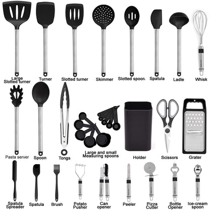 Kitchen Utensil Set-Silicone Cooking Utensils-33 Kitchen Gadgets &amp; Spoons for Nonstick Cookware-Silicone and Stainless Steel Spatula Set-Best Kitchen Tools, Useful Pots