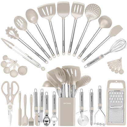 Kitchen Utensil Set-Silicone Cooking Utensils-33 Kitchen Gadgets &amp; Spoons for Nonstick Cookware-Silicone and Stainless Steel Spatula Set-Best Kitchen Tools, Useful Pots