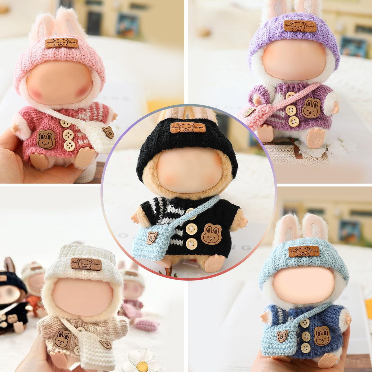 3 Piece Handmade Crochet Outfit for 17cm Dolls - Heart Sweater Hat &amp; Bag Set