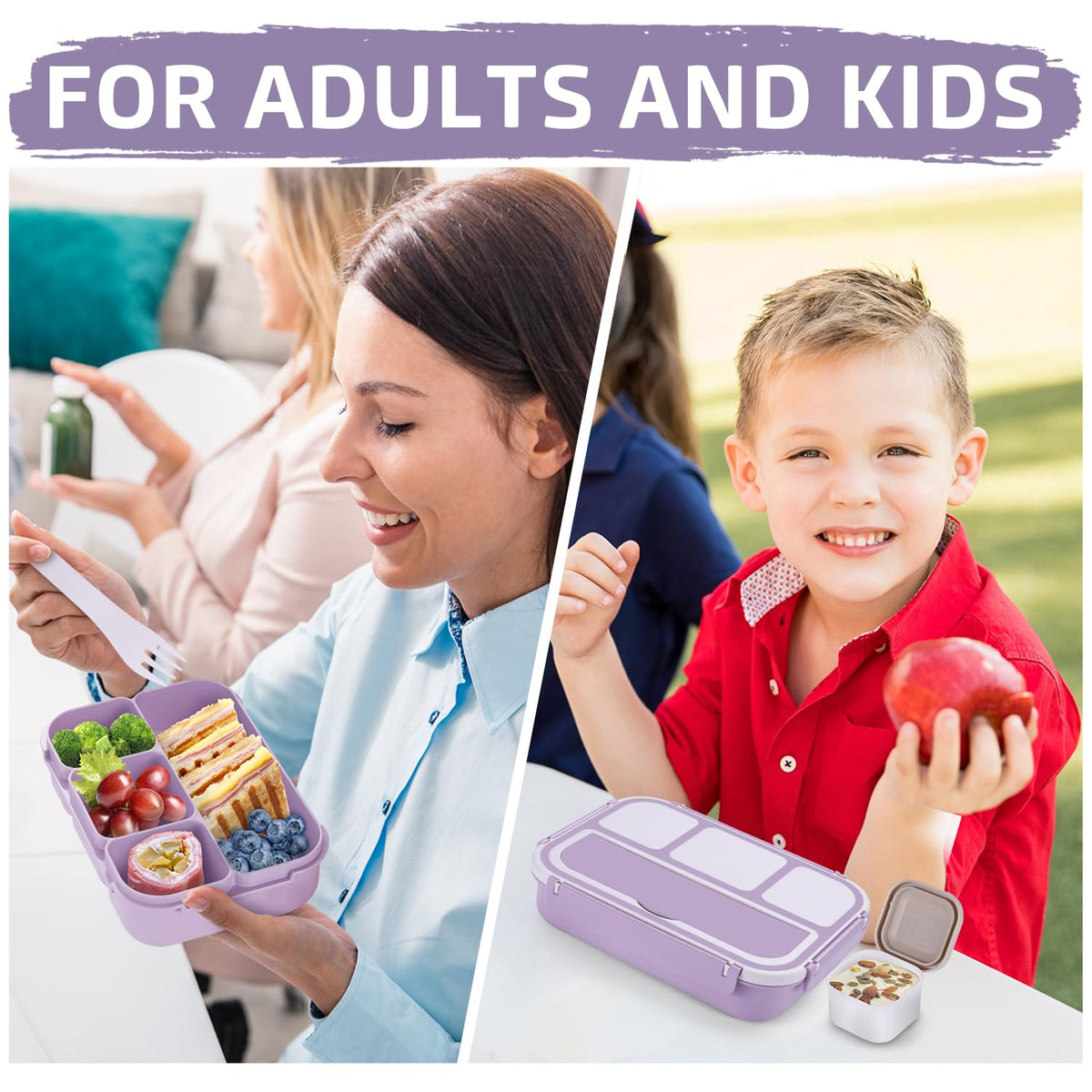 Bento Lunch Box for Kids - 4 Compartment Leak-Proof School Lunch Container with Utensils Purple
