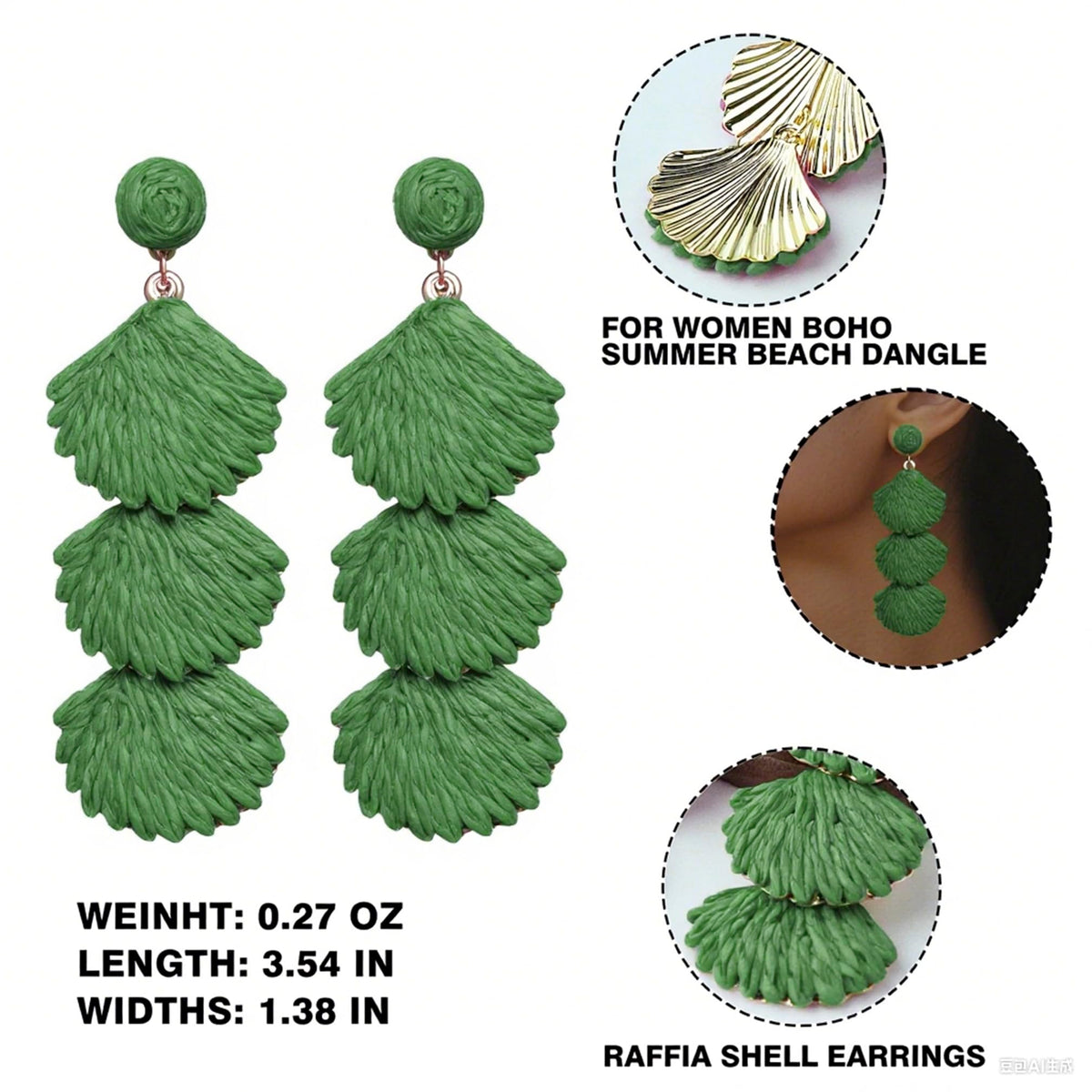 Raffia Dangle Earrings for Women - Boho Statement Rattan Drop Jewelry with Shell Design, Lightweight Summer Beach Trendy Accessories