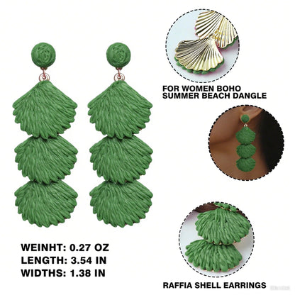 Raffia Dangle Earrings for Women - Boho Statement Rattan Drop Jewelry with Shell Design, Lightweight Summer Beach Trendy Accessories