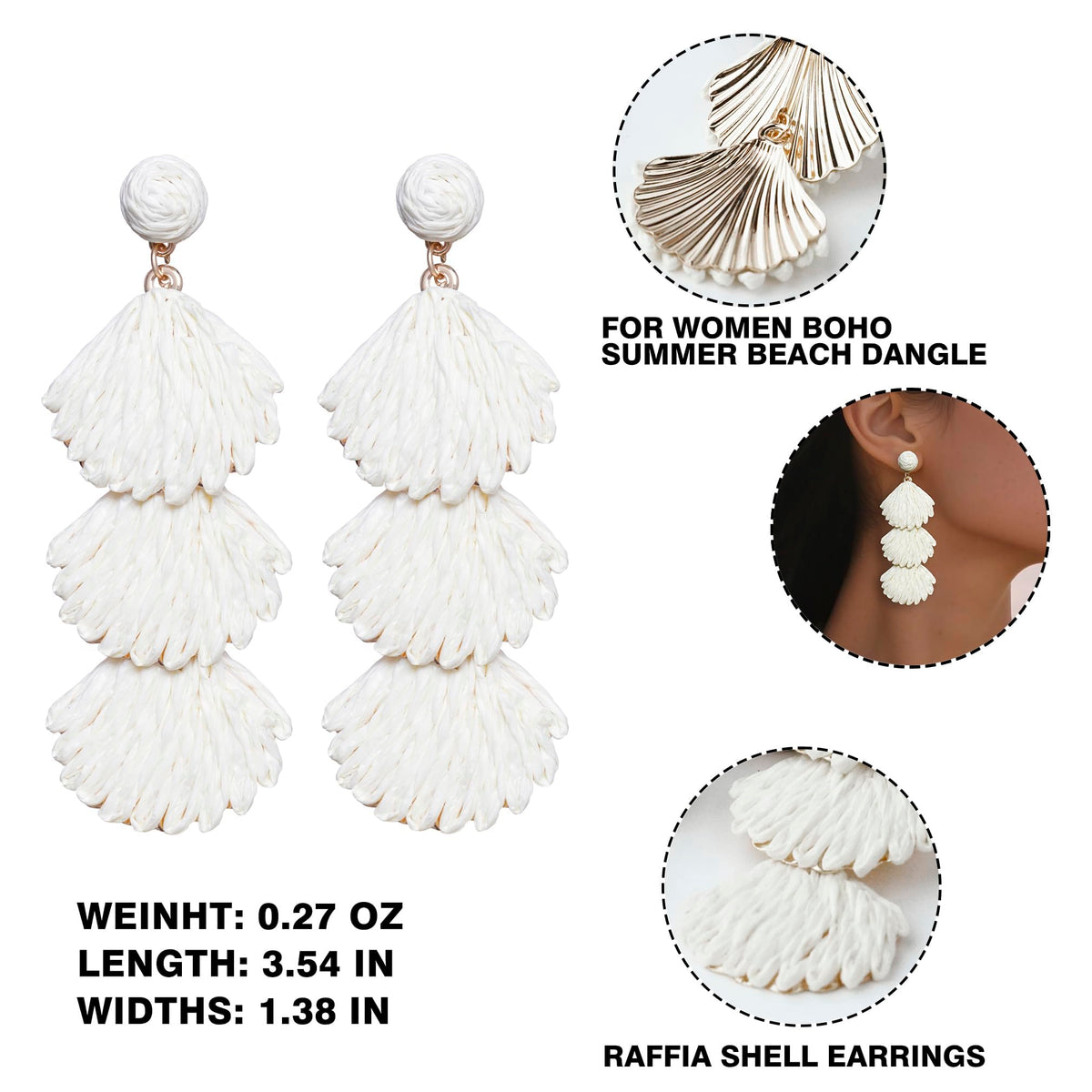 Raffia Dangle Earrings for Women - Boho Statement Rattan Drop Jewelry with Shell Design, Lightweight Summer Beach Trendy Accessories