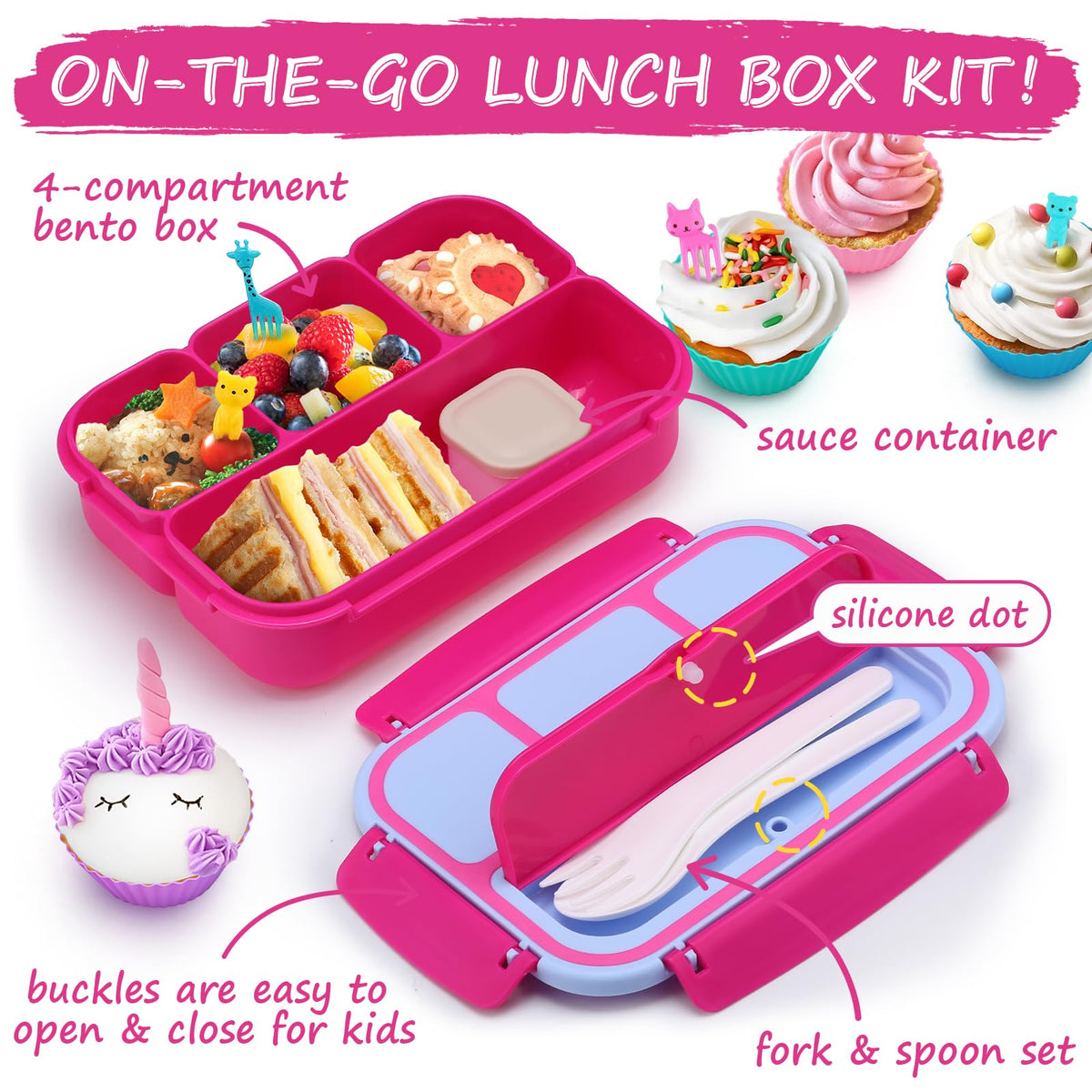 Bento Lunch Box for Kids - 4 Compartment Leak-Proof School Lunch Container with Utensils Purple