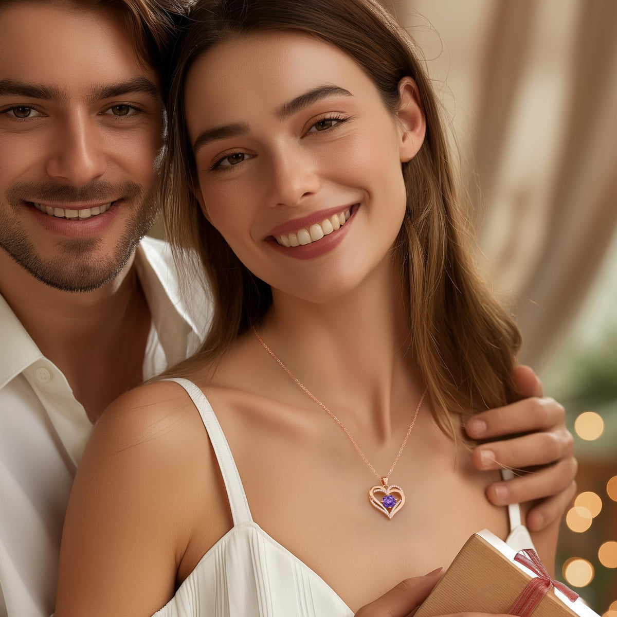 Personalized Double Heart Birthstone Necklace for Women – Sterling Silver Gift