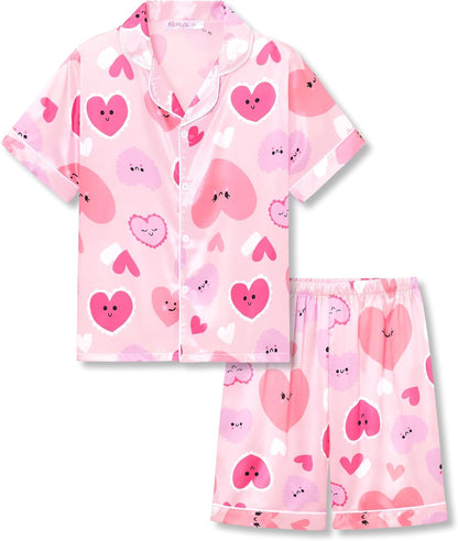 Girls Satin Pajama Set - Silky Button Down PJ with Shorts Size 6-16
