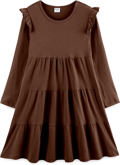 Girls Cotton Dress - Ruffle Sleeve Tiered A-Line Midi Sundress