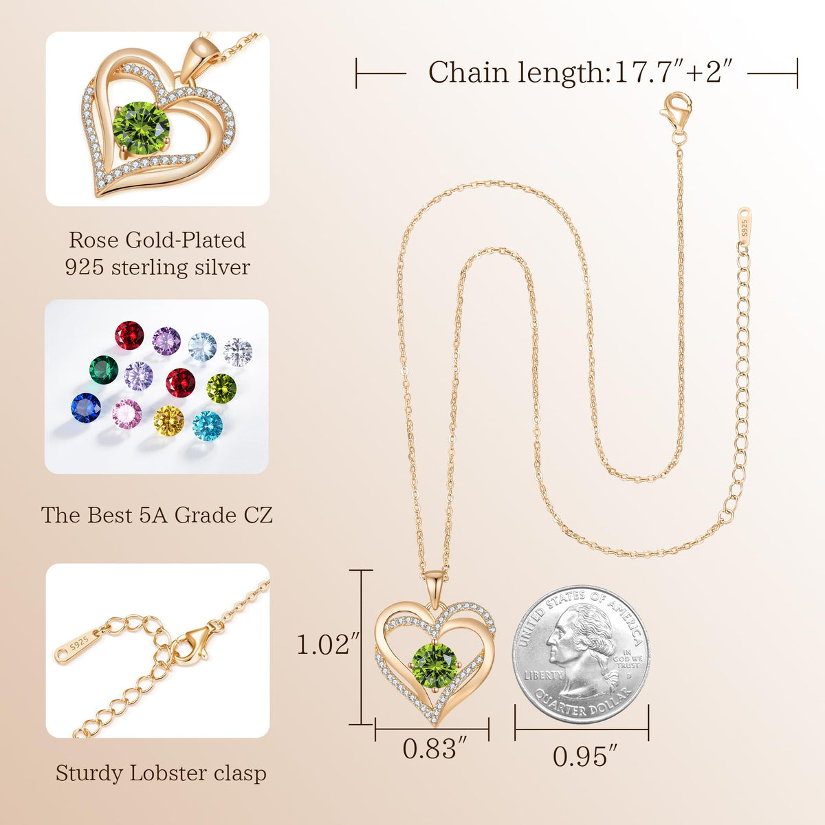 Personalized Double Heart Birthstone Necklace for Women – Sterling Silver Gift