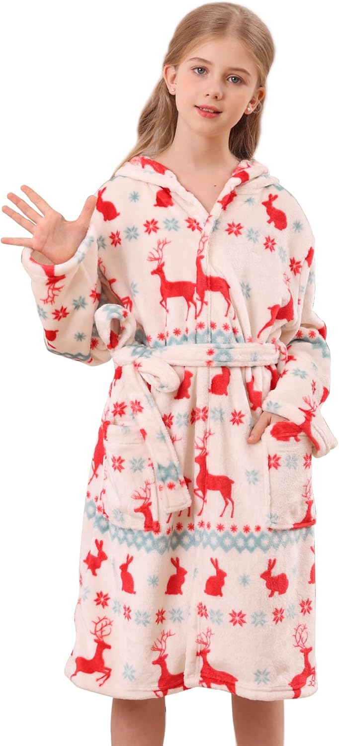 Girls Hooded Fleece Bathrobe - Soft Plush Warm Robe for Kids 3-14 Years