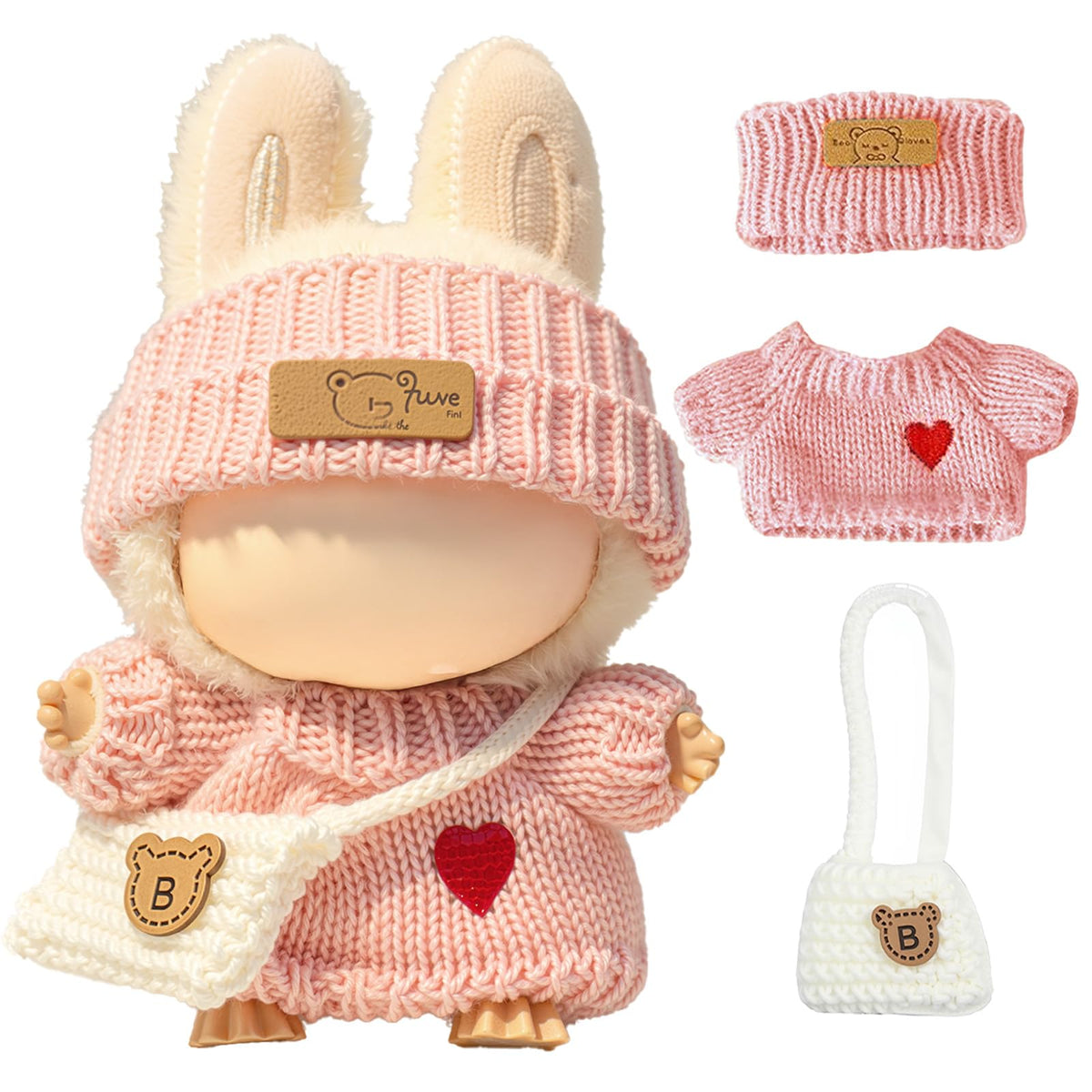 3 Piece Handmade Crochet Outfit for 17cm Dolls - Heart Sweater Hat &amp; Bag Set