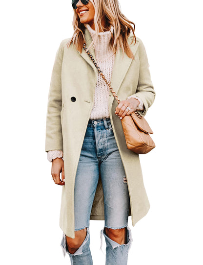Wool Blend Pea Coat - Double Breasted Mid Length Trench Coat for Women