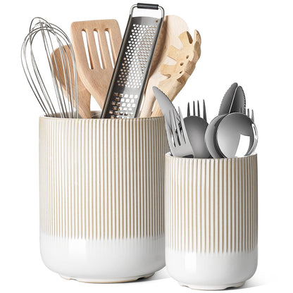 LE TAUCI Utensil Holder, 7.3"+5.4" Ceramic Cooking Tool Crocks for Countertop, Large Utensil Organizer for Kitchen Counter, Morden Kitchen Decor for Spatula and Flatware, Set of 2