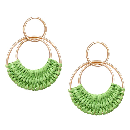 Raffia Hoop Earrings for Women Fun Boho Summer Beach Earrings Lightweight Handmade Straw Wicker Rattan Dangle Earrings Statement Geometric Round Drop Earrings