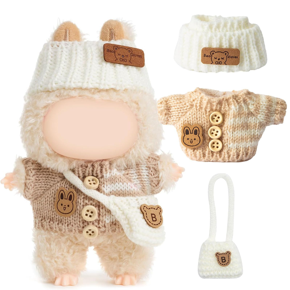3 Piece Handmade Crochet Outfit for 17cm Dolls - Heart Sweater Hat &amp; Bag Set