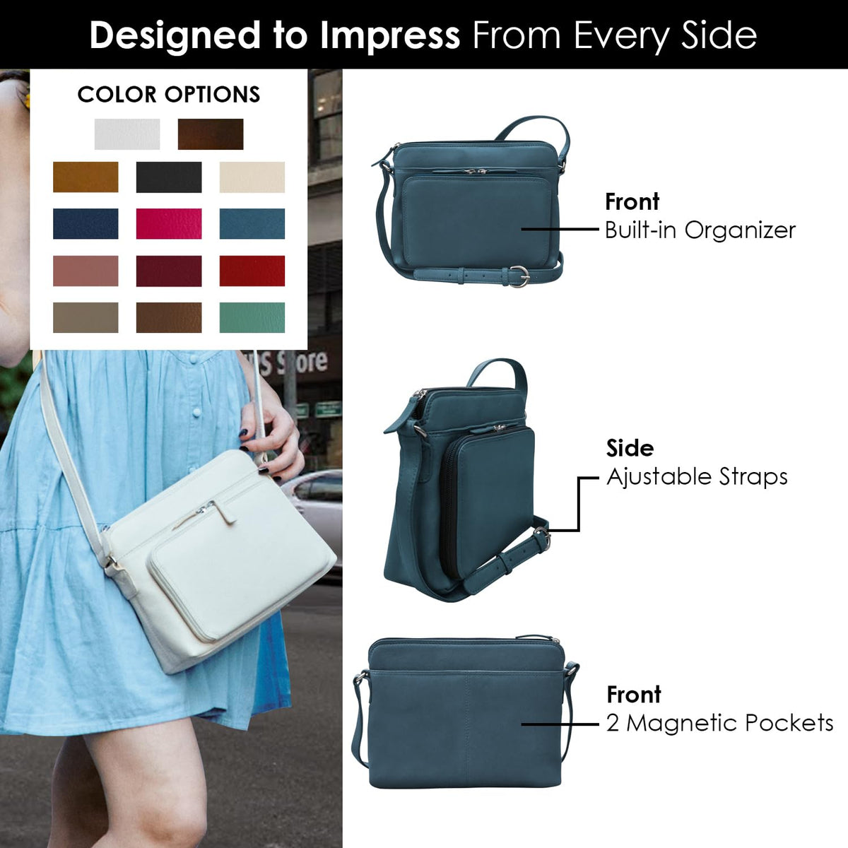 ili New York Genuine Leather Crossbody Bags for Women - Premium RFID Blocking Shoulder Bag Organizer with Adjustable Strap
