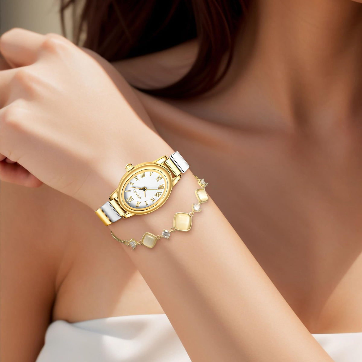 Small Gold Watches for Women,Analog Womens Watch with Stainless Steel Expansion Band,Oval Case Roman Dial,Water Resistant
