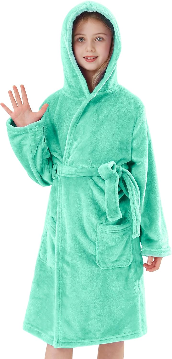 Girls Hooded Fleece Bathrobe - Soft Plush Warm Robe for Kids 3-14 Years