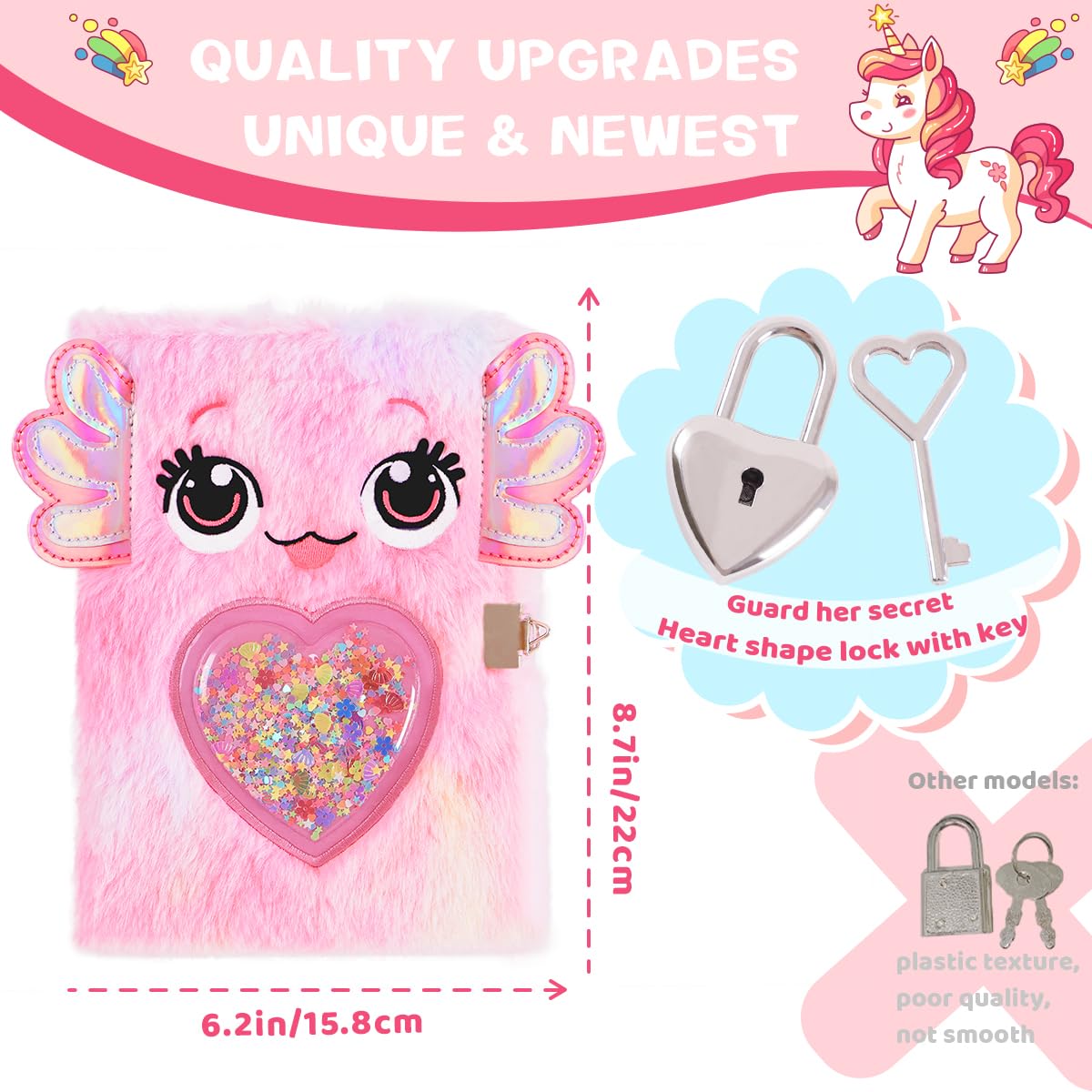 Girls Heart Diary with Lock and Keys - Cute Plush Secret Journal Notebook Gift Ages 6-8