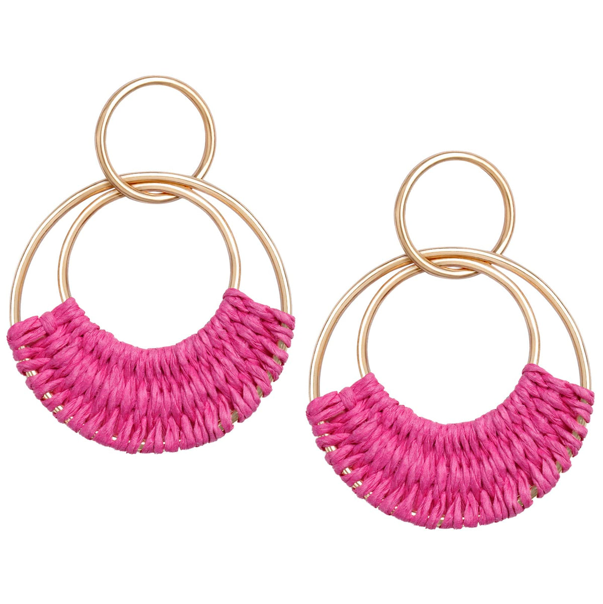 Raffia Hoop Earrings for Women Fun Boho Summer Beach Earrings Lightweight Handmade Straw Wicker Rattan Dangle Earrings Statement Geometric Round Drop Earrings