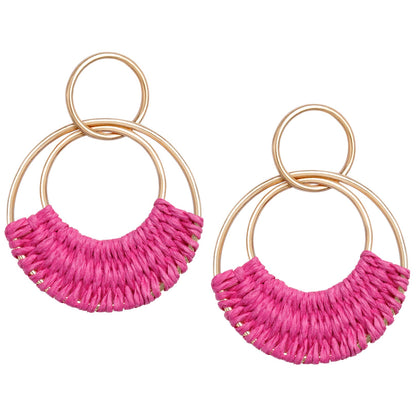 Raffia Hoop Earrings for Women Fun Boho Summer Beach Earrings Lightweight Handmade Straw Wicker Rattan Dangle Earrings Statement Geometric Round Drop Earrings