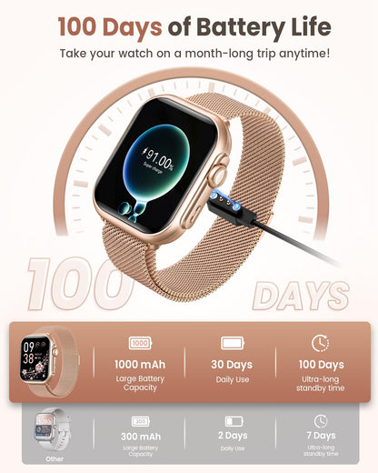 Smart Watch for Women for iPhone Android: 1.85"Smartwatch with Make/Answer Call Sleep Heart Rate SpO2 Blood Pressure Monitor IP68 Waterproof 120+Sport Mode Fitness Tracker 1000mAh Battery 2Bands Pink