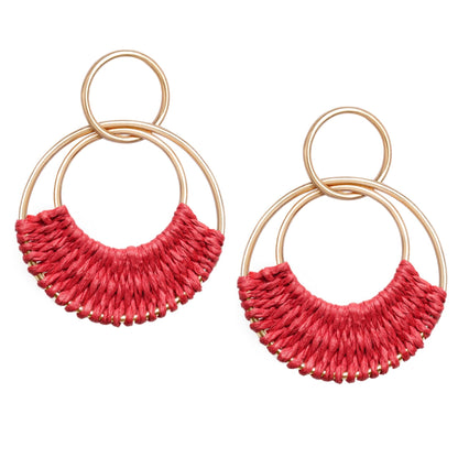 Raffia Hoop Earrings for Women Fun Boho Summer Beach Earrings Lightweight Handmade Straw Wicker Rattan Dangle Earrings Statement Geometric Round Drop Earrings
