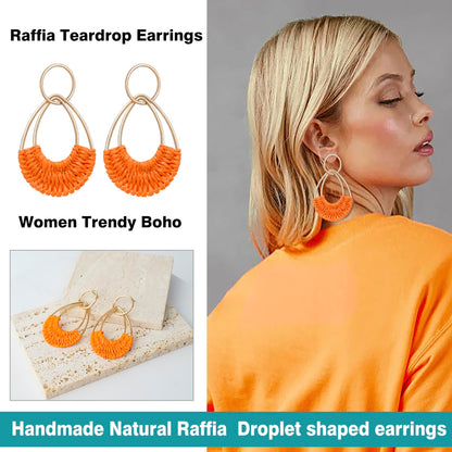 Raffia Hoop Earrings for Women Fun Boho Summer Beach Earrings Lightweight Handmade Straw Wicker Rattan Dangle Earrings Statement Geometric Round Drop Earrings