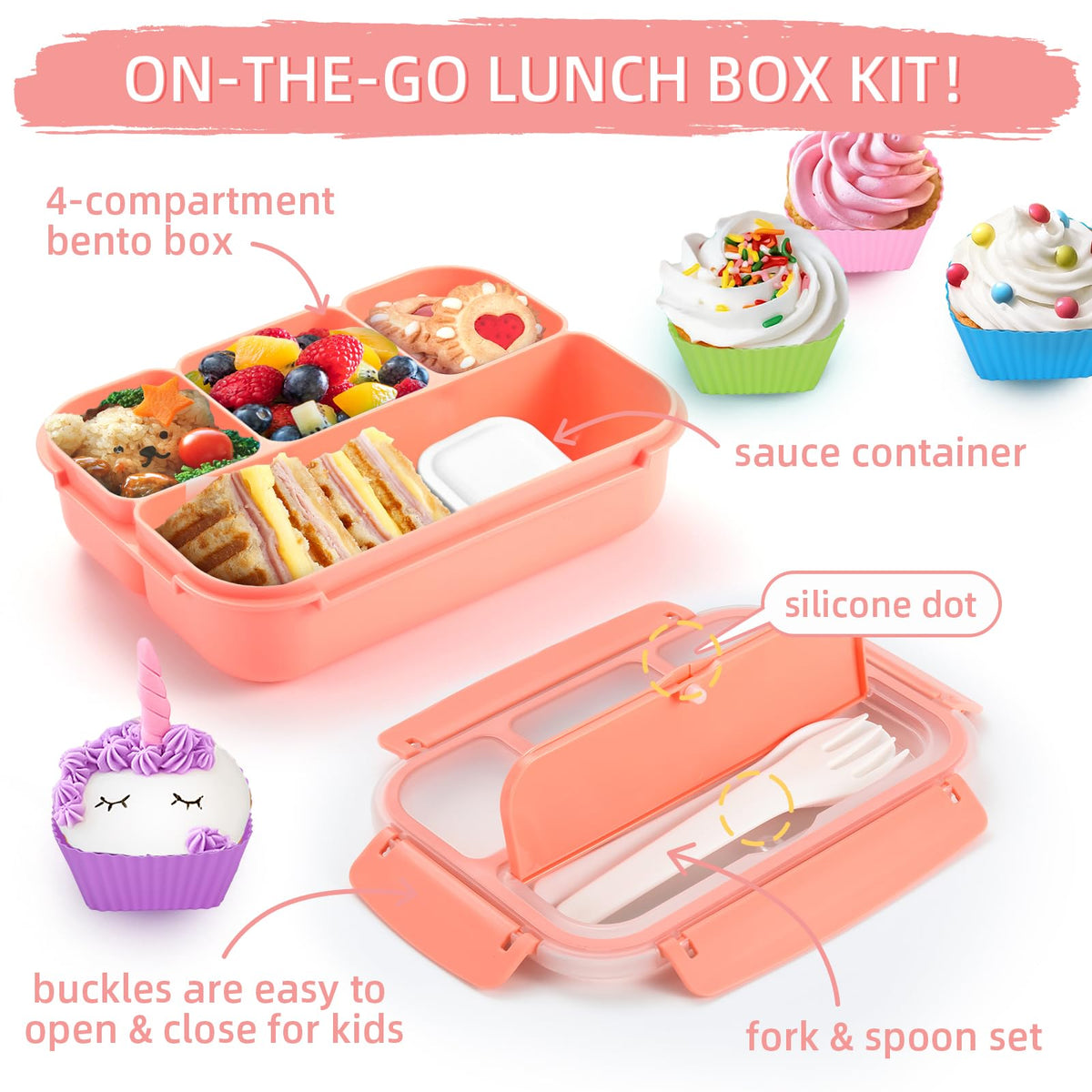 Bento Lunch Box for Kids - 4 Compartment Leak-Proof School Lunch Container with Utensils Purple