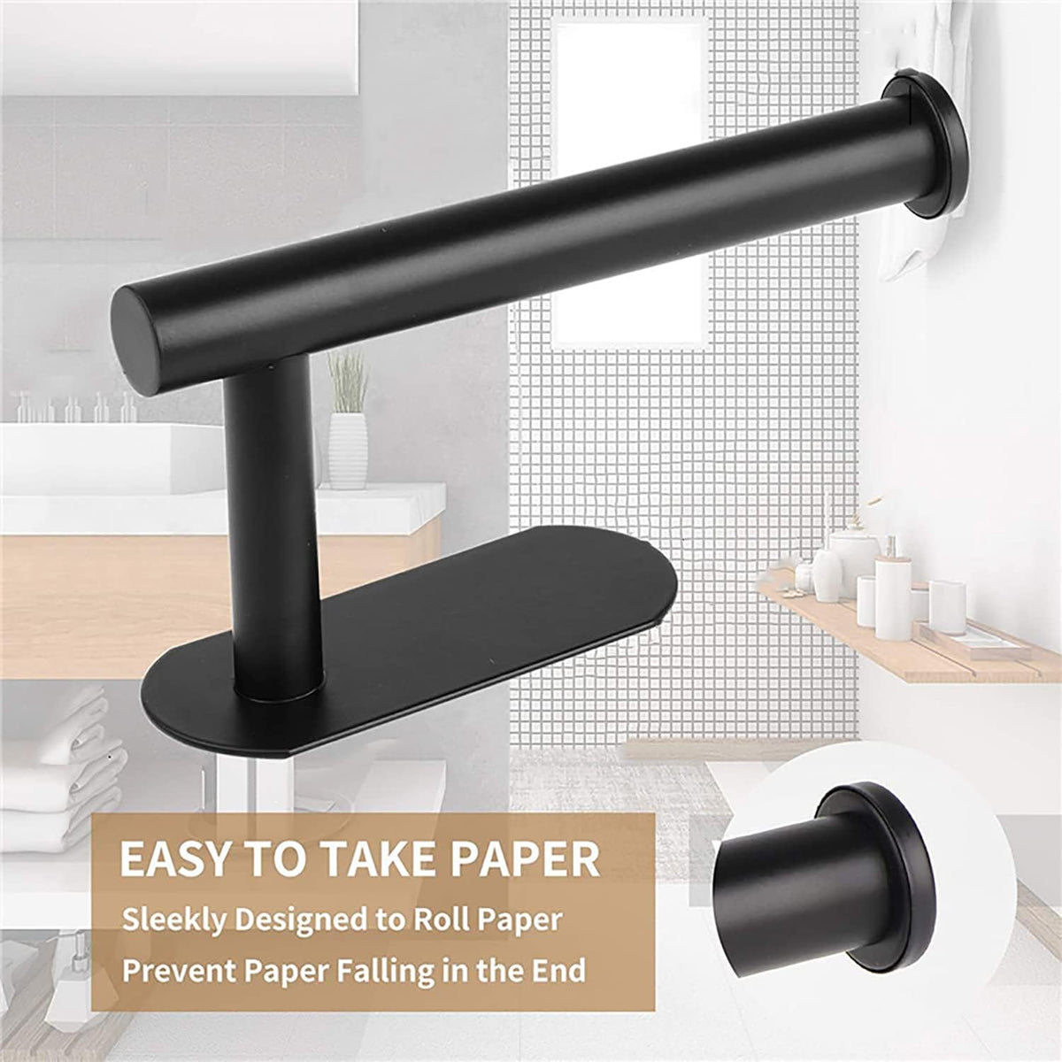 Toilet Paper Holder - Self Adhesive Toilet Paper Holder Wall Mount for Bathroom, SUS 304 Stainless Steel Command Strip Toilet Paper Roll Holder Stick On Wall, No Drilling - Matte Black