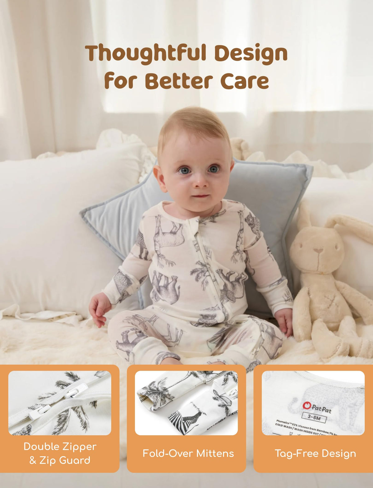 PATPAT Baby Footie Pajamas - Premium Tencel Lyocell &amp; Wool Romper with 2-Way Zipper