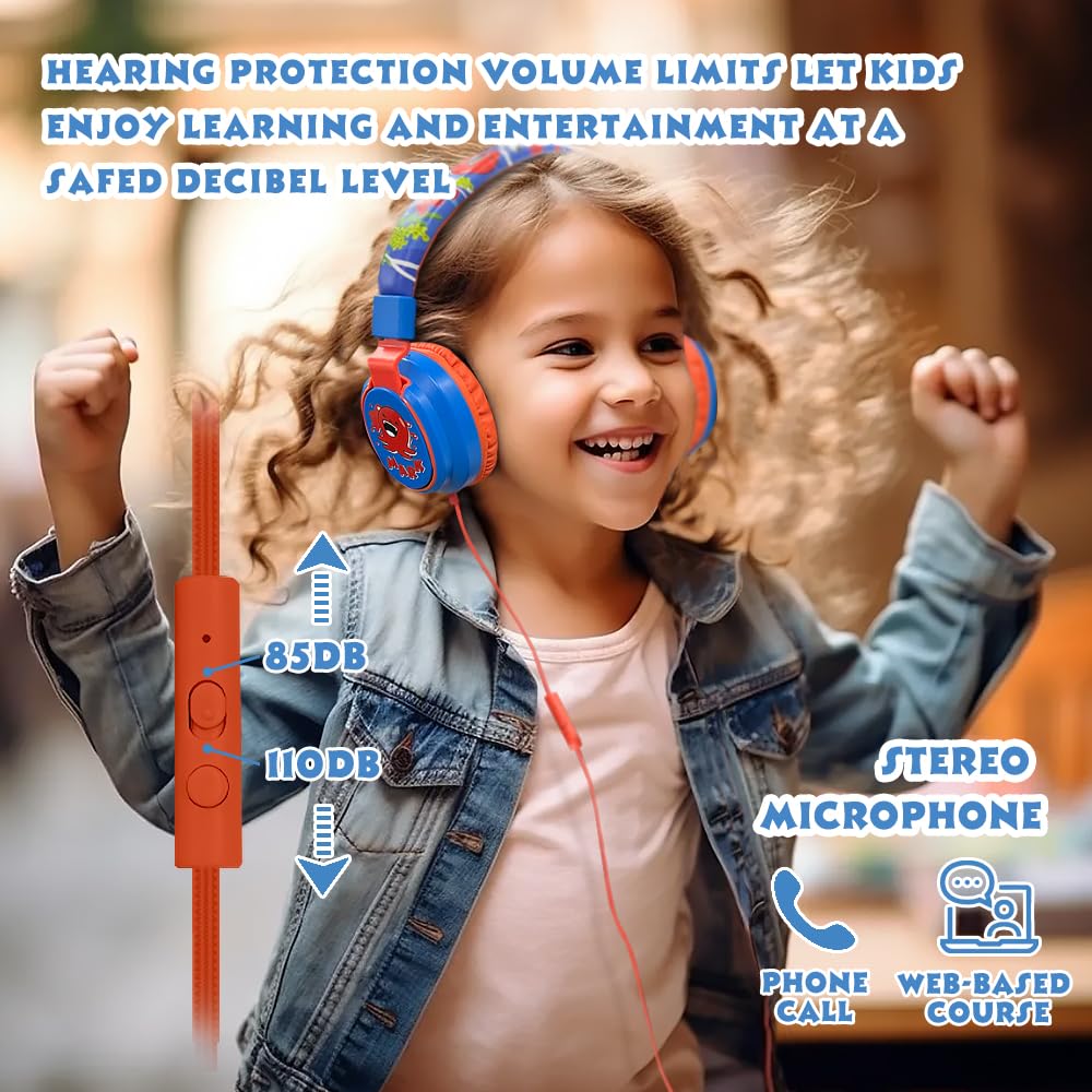 Kids Headphones Volume Limited 85/94dB - Wired Over-Ear Foldable Headset with Microphone Pink