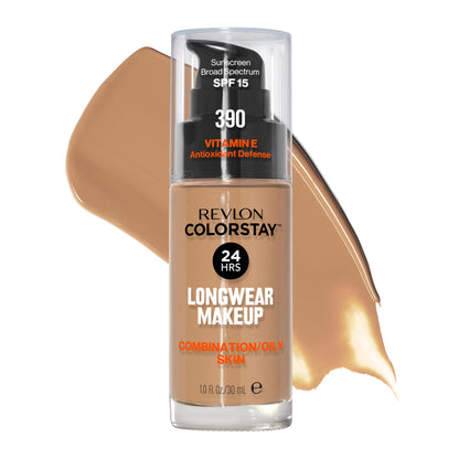Revlon Liquid Foundation, ColorStay Face Makeup for Combination &amp; Oily Skin, SPF 15, Medium-Full Coverage with Matte Finish, 180 Sand Beige, 1 Fl Oz