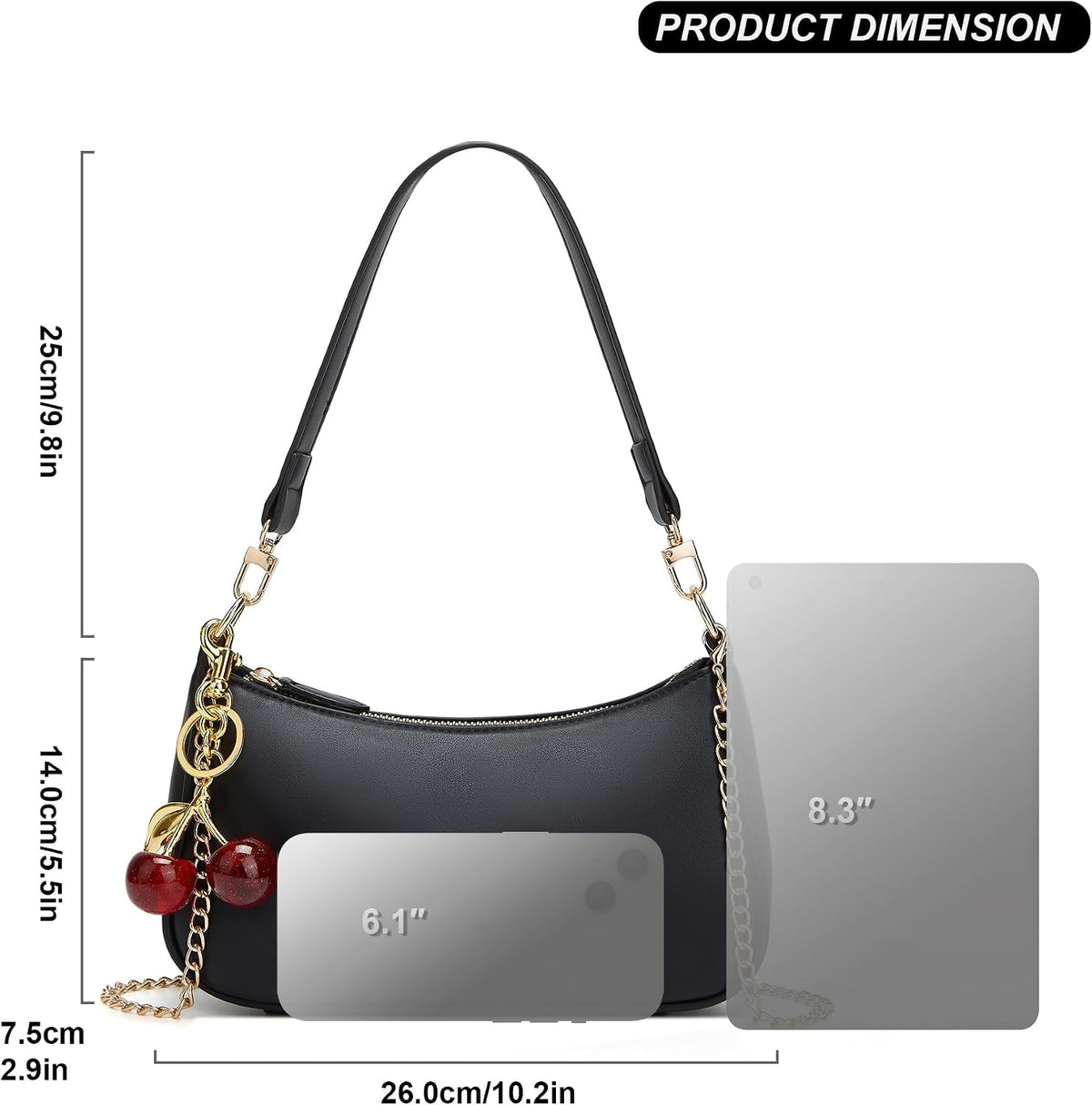Black Shoulder Bag for Women Cute Hobo Cherry Purse Retro Clutch Underarm Handbag with Removable Straps