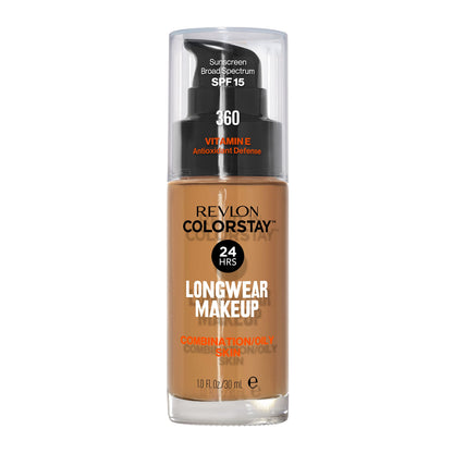 Revlon Liquid Foundation, ColorStay Face Makeup for Combination &amp; Oily Skin, SPF 15, Medium-Full Coverage with Matte Finish, 180 Sand Beige, 1 Fl Oz