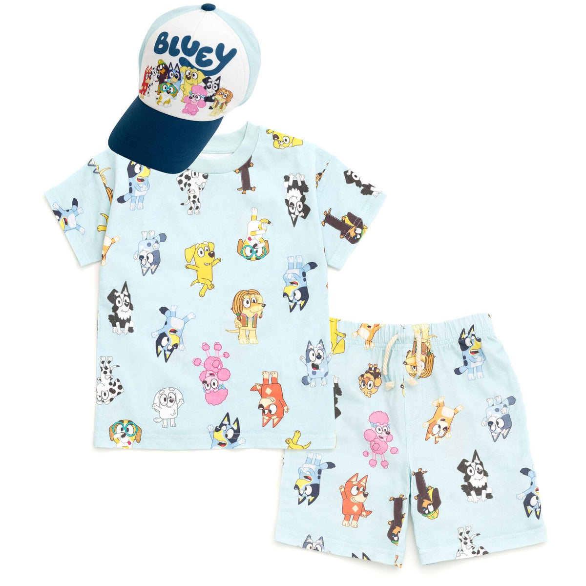 Bluey 3-Piece Kids Outfit Set - T-Shirt, Shorts &amp; Baseball Cap for Toddlers to Big Kids