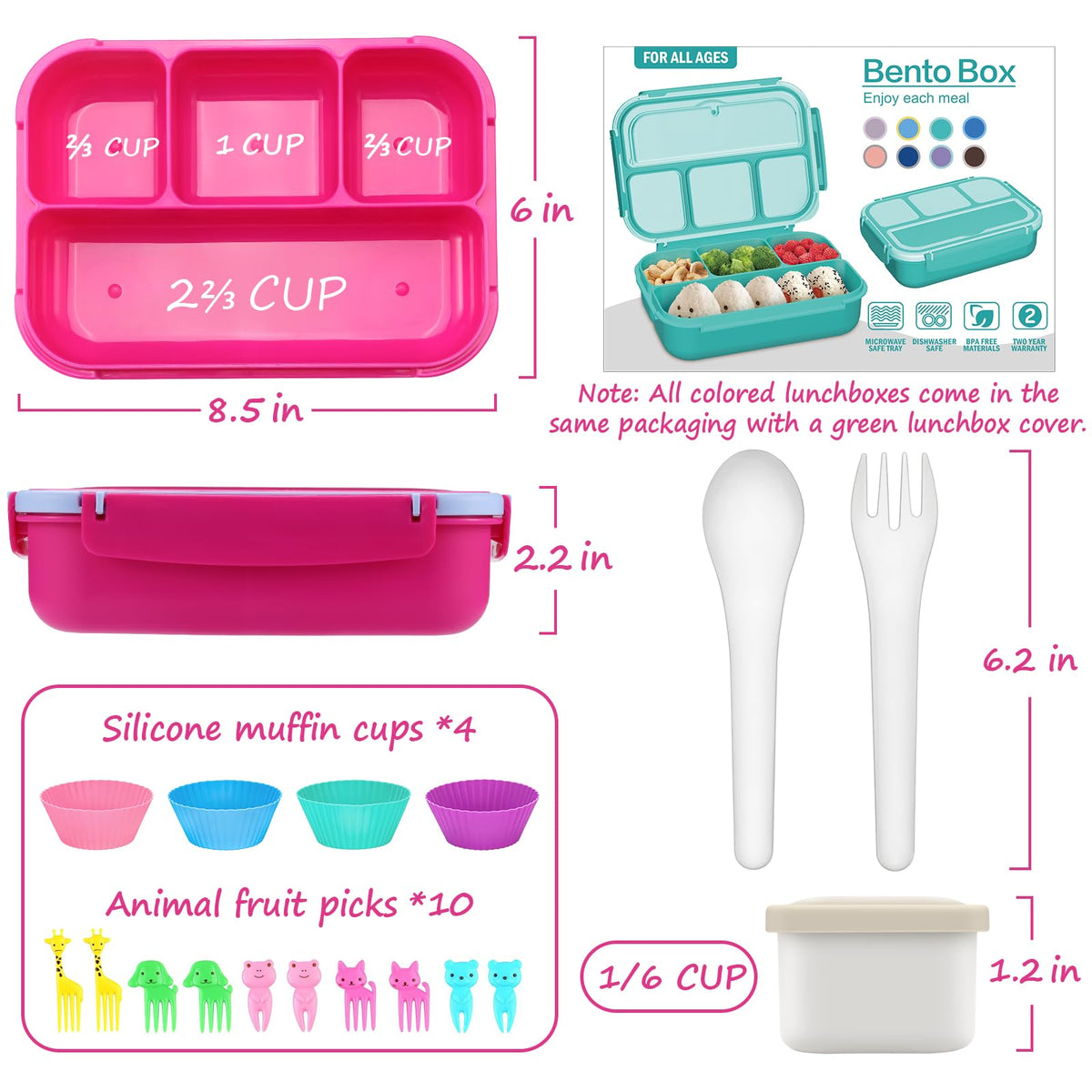 Bento Lunch Box for Kids - 4 Compartment Leak-Proof School Lunch Container with Utensils Purple