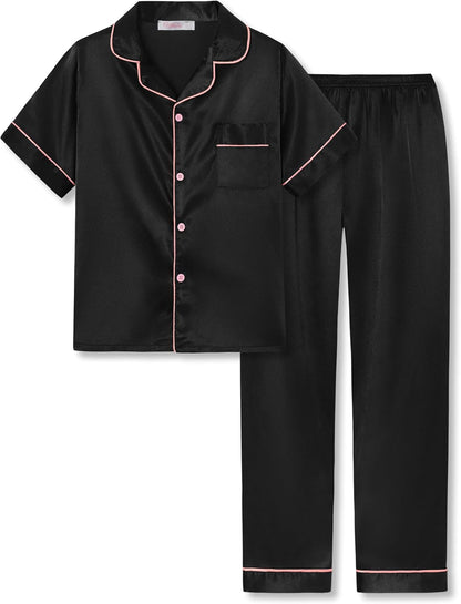 Girls Satin Pajama Set - Silky Button Down PJ with Shorts Size 6-16