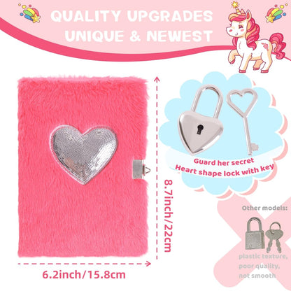 Girls Heart Diary with Lock and Keys - Cute Plush Secret Journal Notebook Gift Ages 6-8