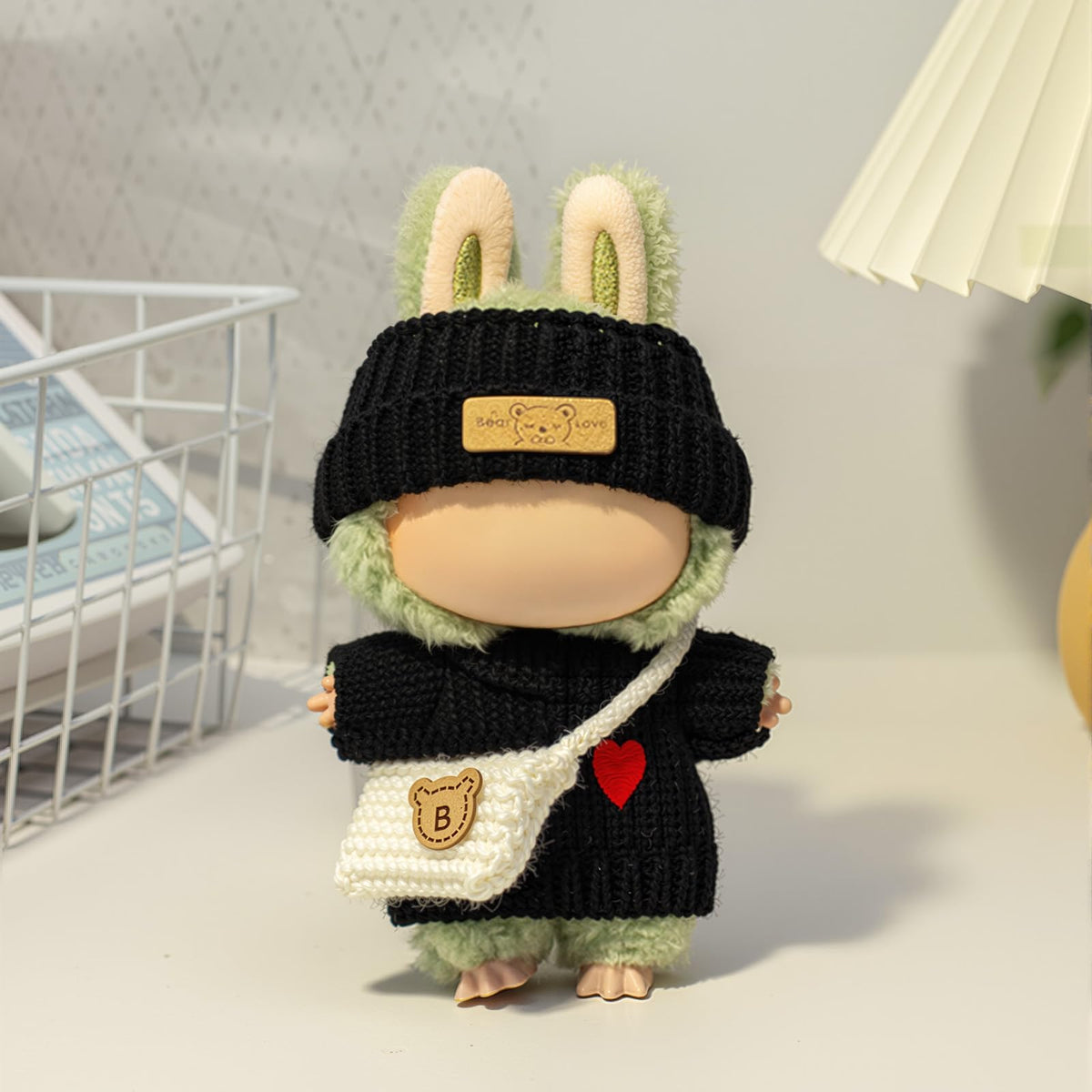 3 Piece Handmade Crochet Outfit for 17cm Dolls - Heart Sweater Hat &amp; Bag Set