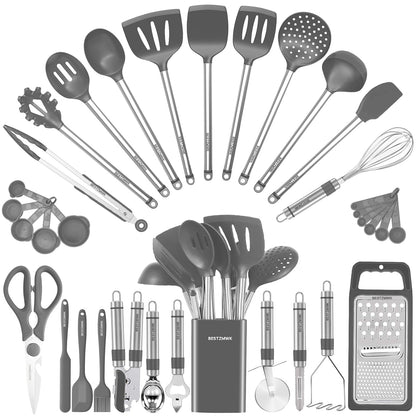 Kitchen Utensil Set-Silicone Cooking Utensils-33 Kitchen Gadgets &amp; Spoons for Nonstick Cookware-Silicone and Stainless Steel Spatula Set-Best Kitchen Tools, Useful Pots