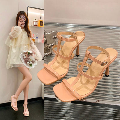 2026 Summer New Nude Open Toe Single Strap High Heel Sandals, Women Simple Elegant Square Toe Heels For Spring &amp; Summer
