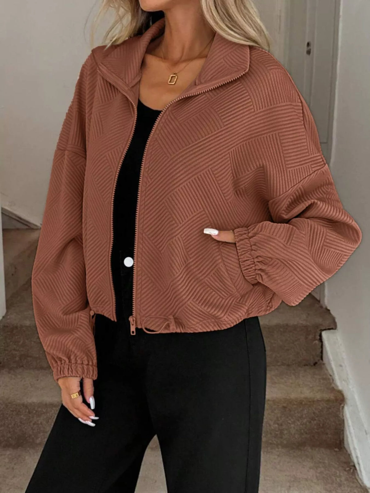 Textured Zip-Up Drawstring Hem Jacket