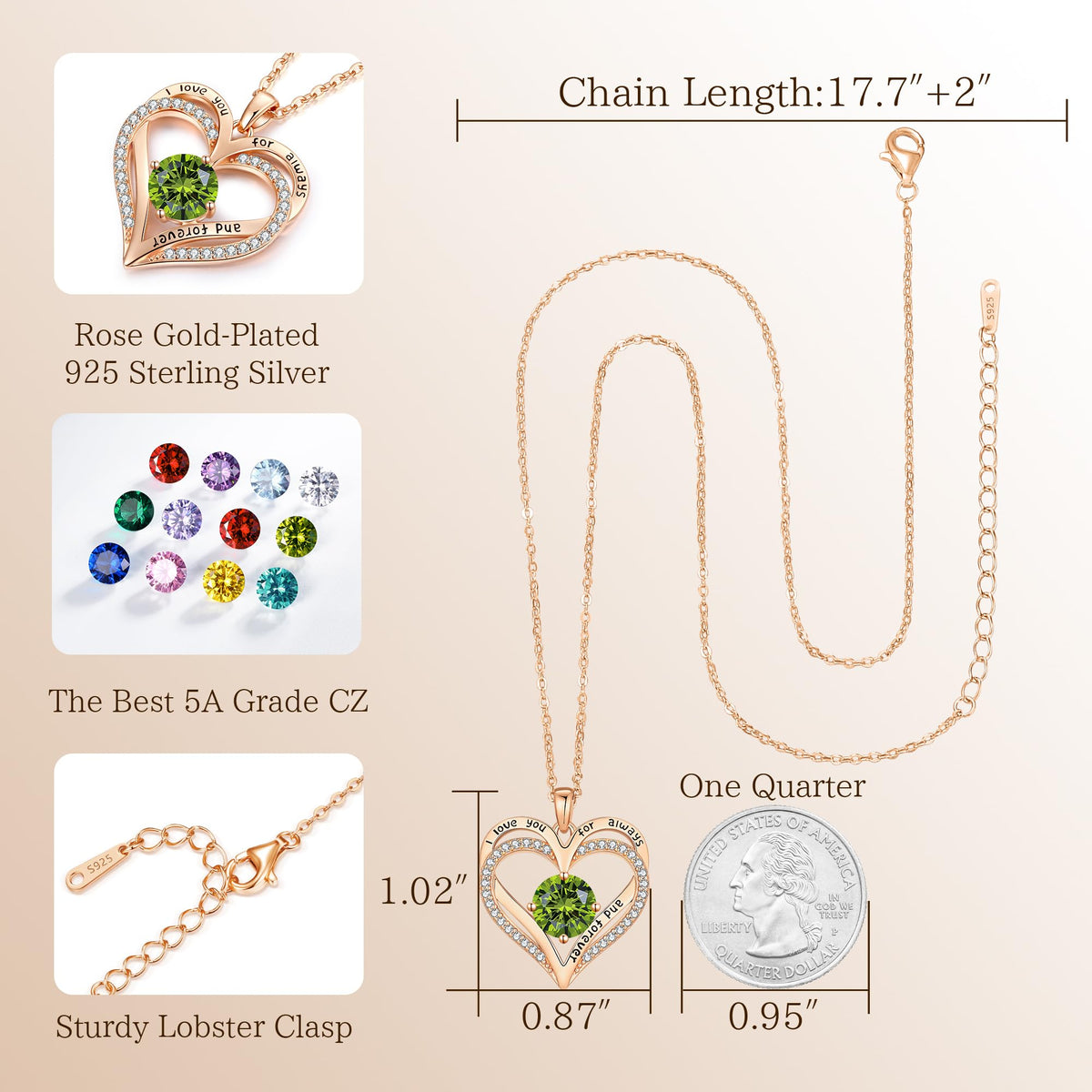 Personalized Double Heart Birthstone Necklace for Women – Sterling Silver Gift
