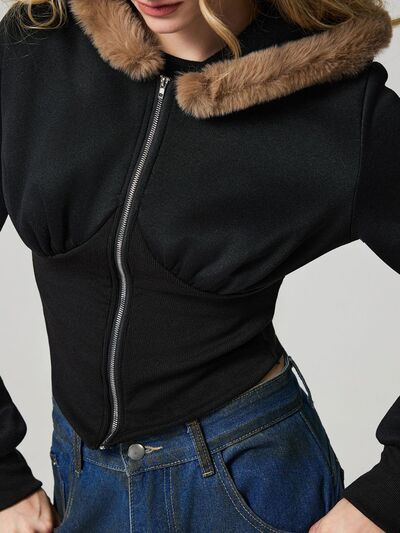 Black Fuzzy Hem Hooded Zip-Up Jacket With Long Sleeves and Casual Style Jacket