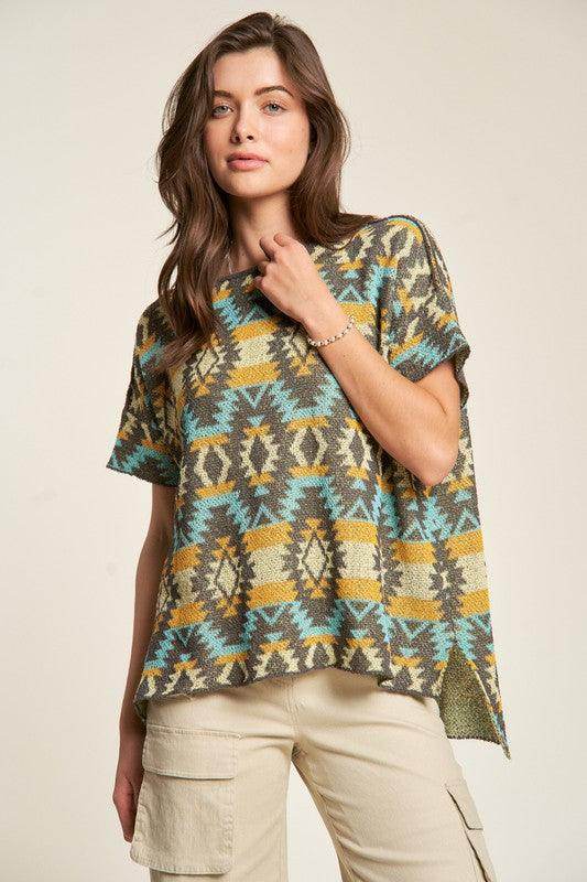 Davi &amp; Dani High-Low Geometric Round Neck Knit Top Stylish