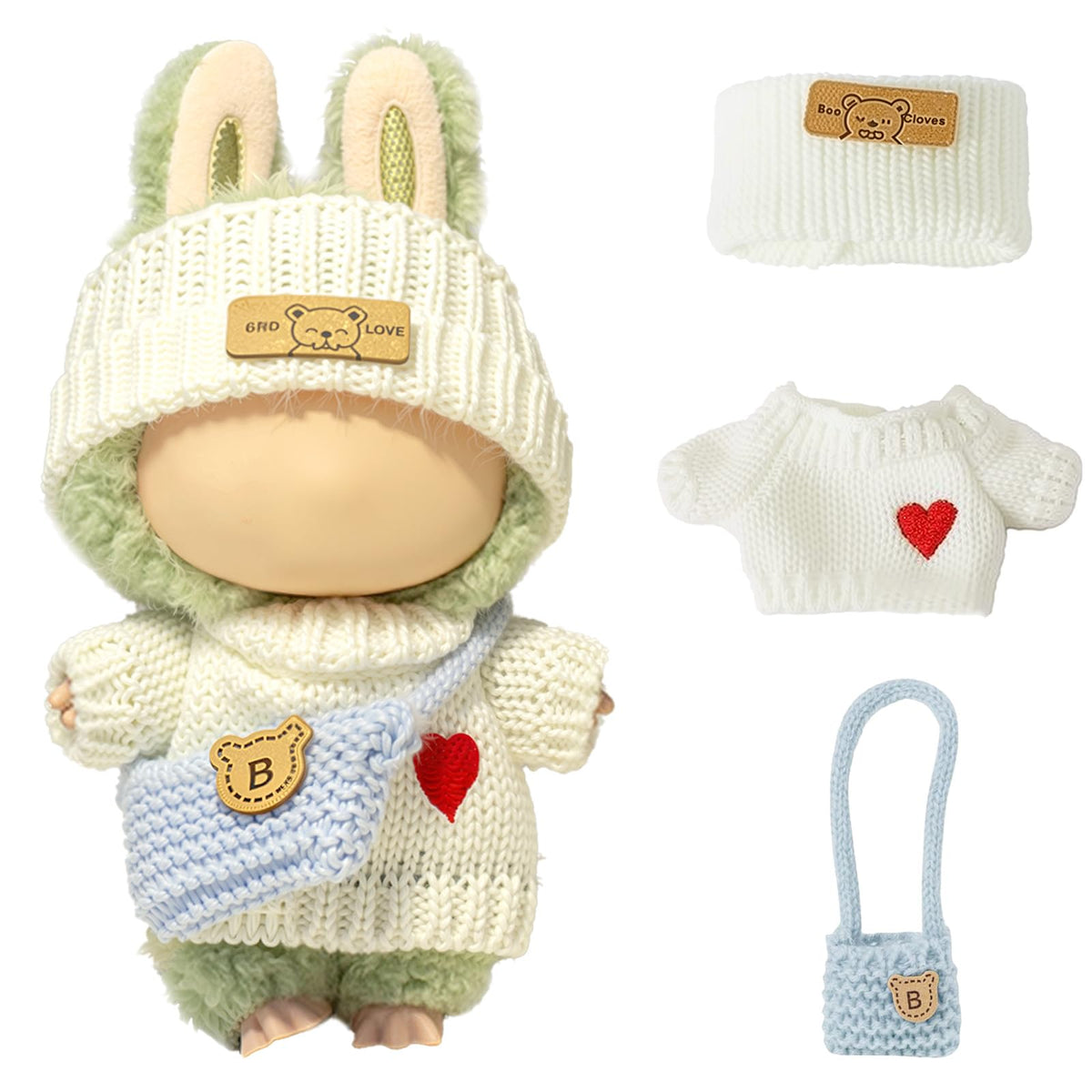 3 Piece Handmade Crochet Outfit for 17cm Dolls - Heart Sweater Hat &amp; Bag Set