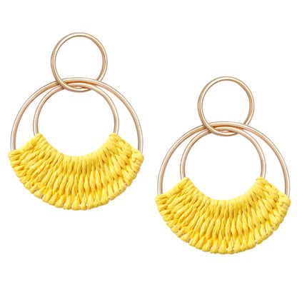 Raffia Hoop Earrings for Women Fun Boho Summer Beach Earrings Lightweight Handmade Straw Wicker Rattan Dangle Earrings Statement Geometric Round Drop Earrings
